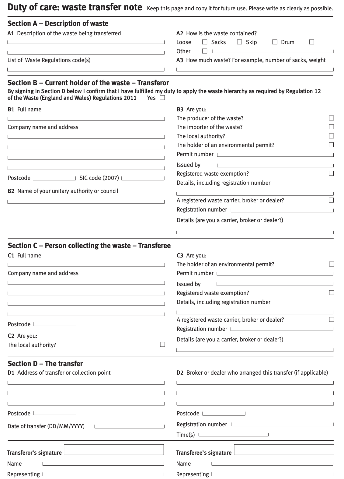 waste transfer note template