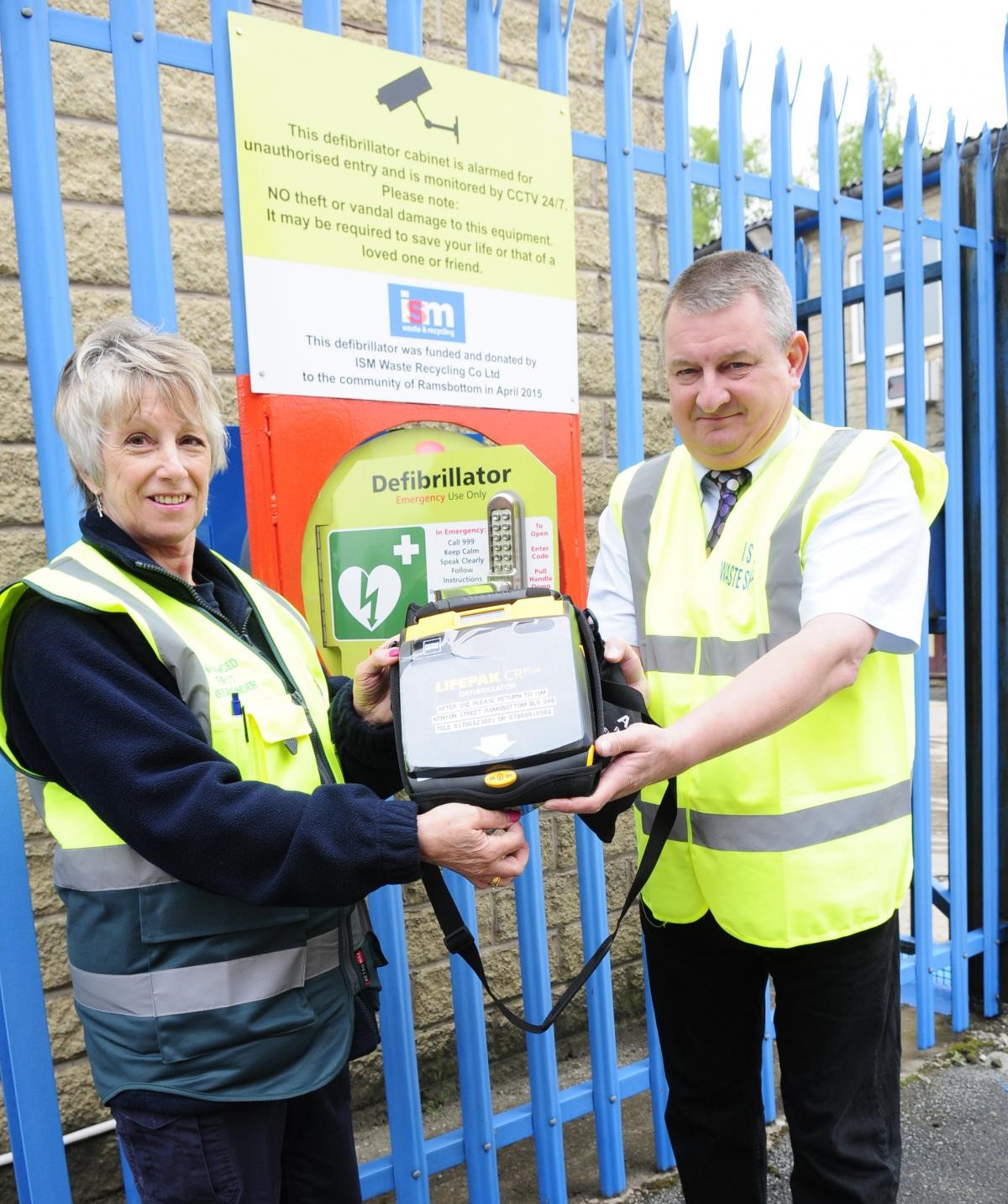 Defibrillator unvailing outside ISM Waste & Recycling on Kenyon Street in Ramsbottom