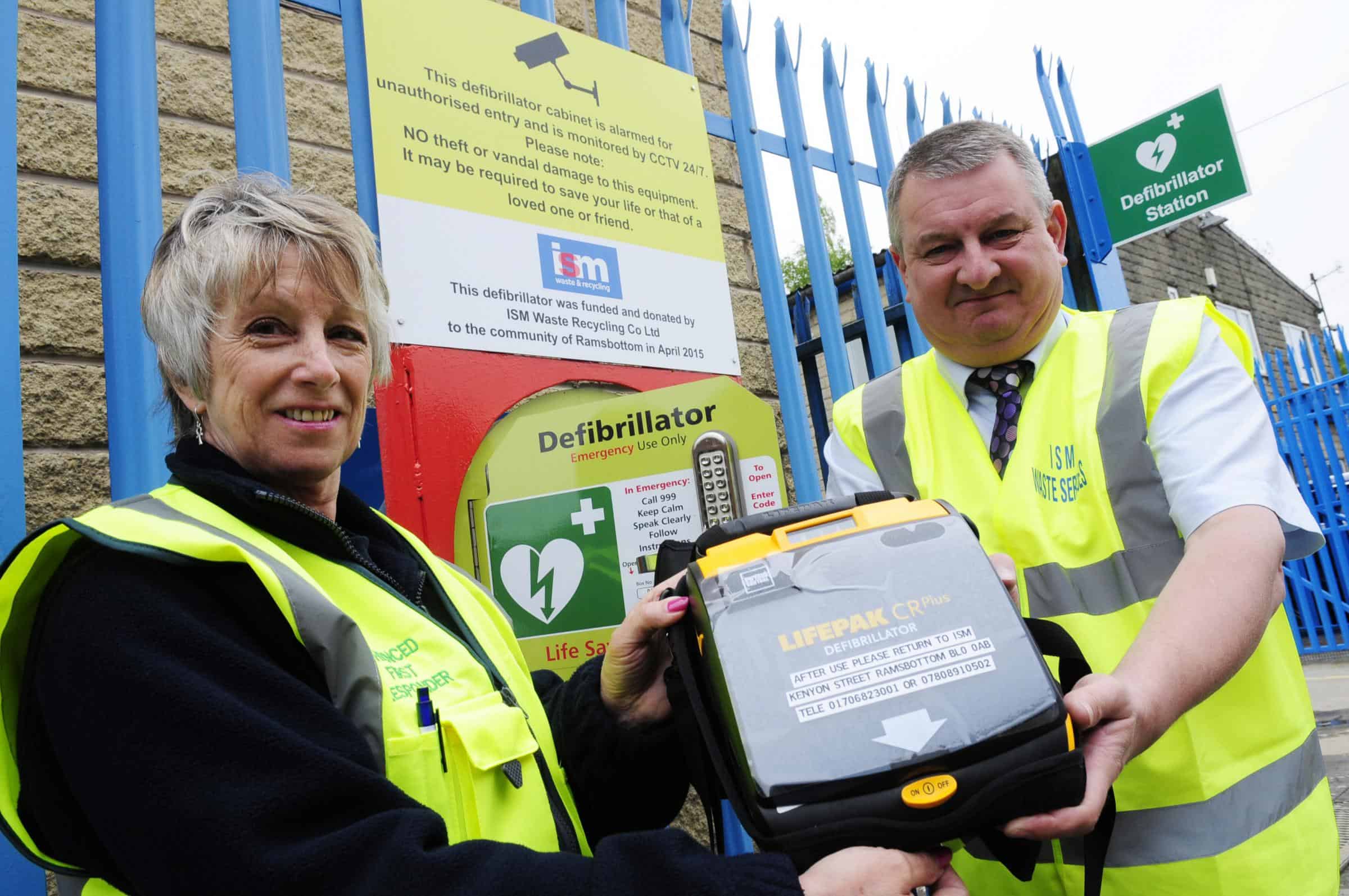New defibrillator unveiled outside ISM Waste & Recycling on Kenyon Street in Ramsbottom