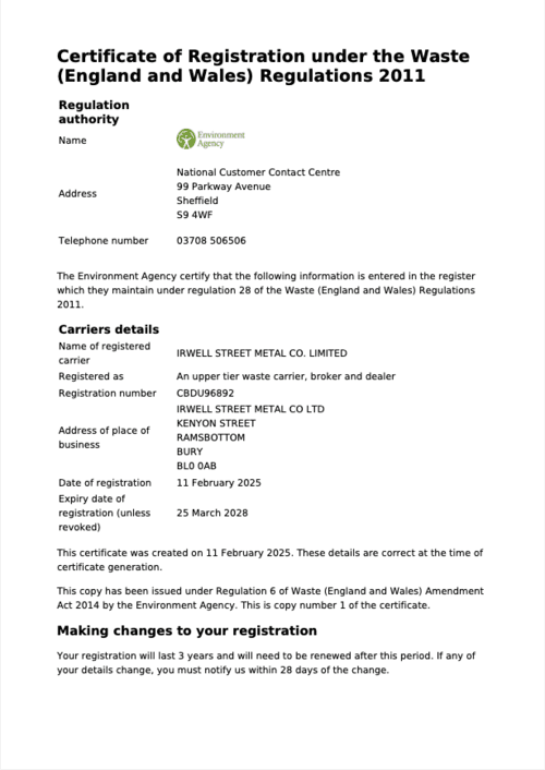 Waste Carrier Certificate Preview
